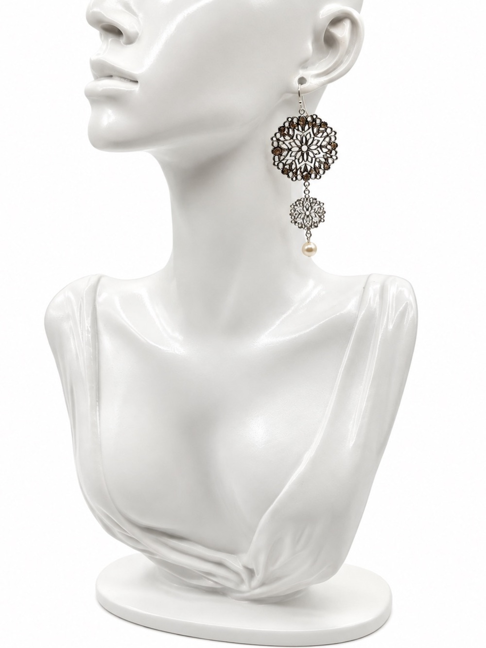 Belk Silver-Tone Filigree Floral Medallion Drop Dangle Earrings Faux Pearl